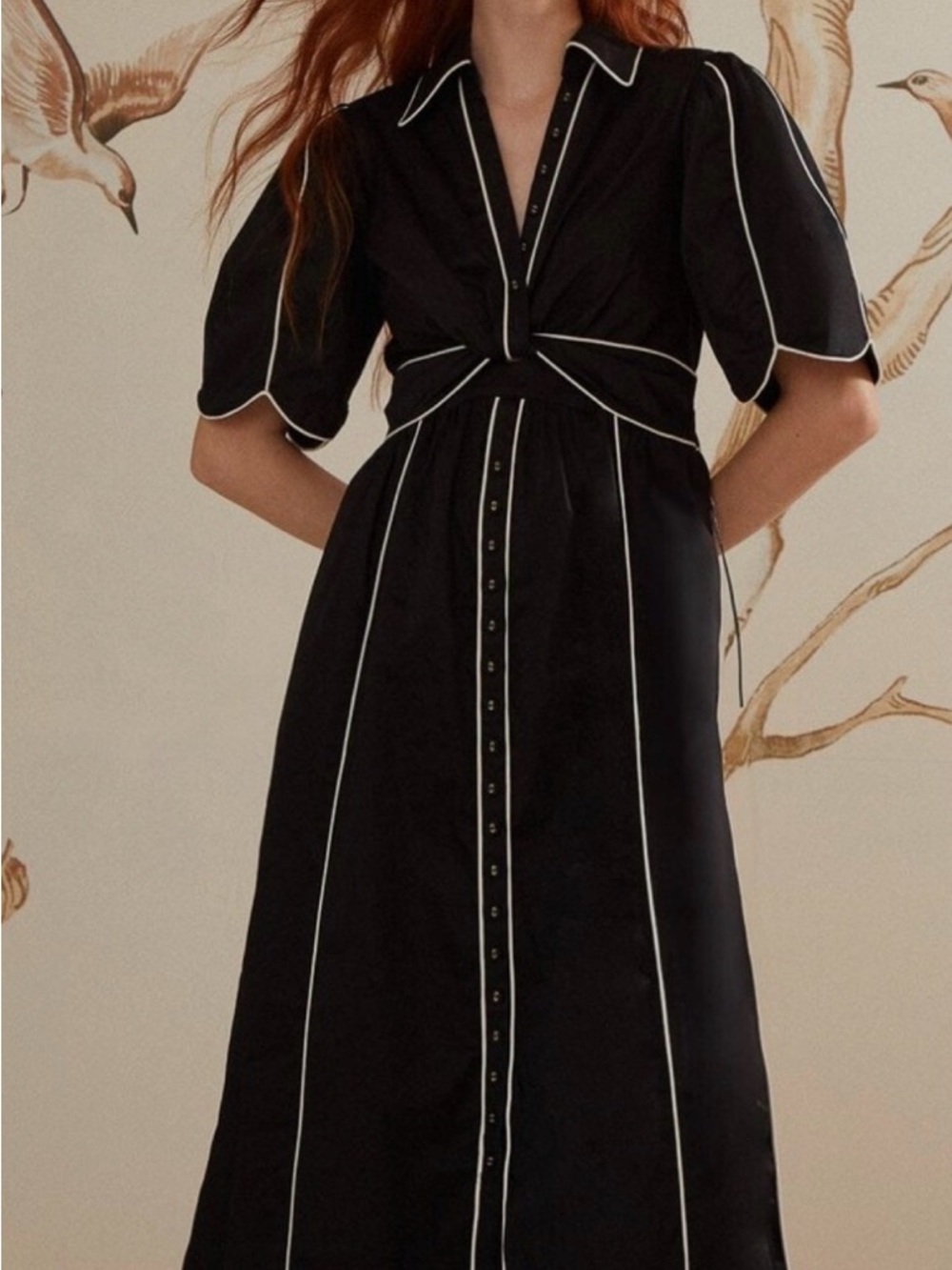 Farm Rio Black Contrast-Piped Midi Dress with Puff Sleeves XS